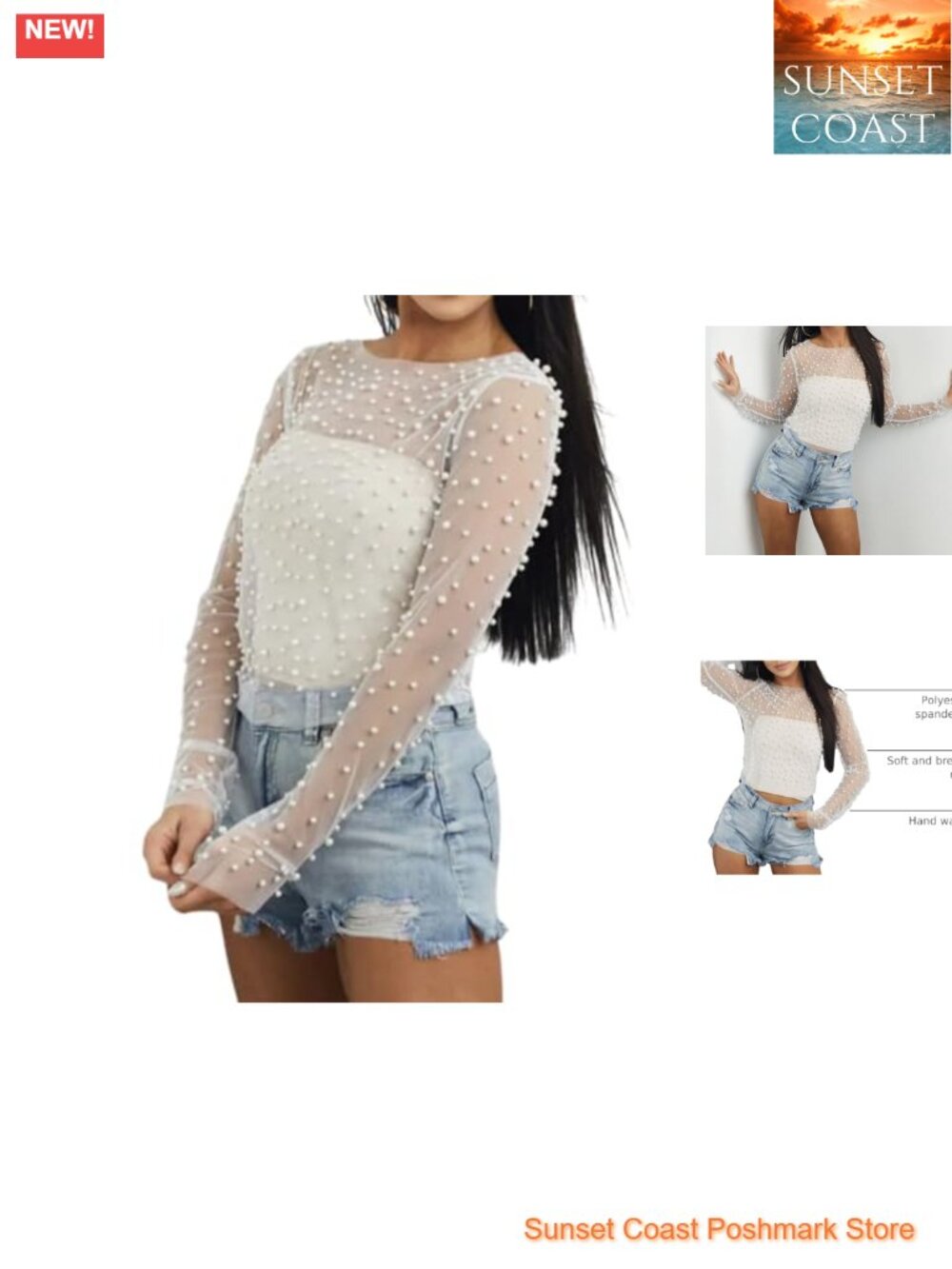 Naileksi Sheer Mesh Long Sleeve Crop Top Pearl Rhinestone Clubwear Blouse